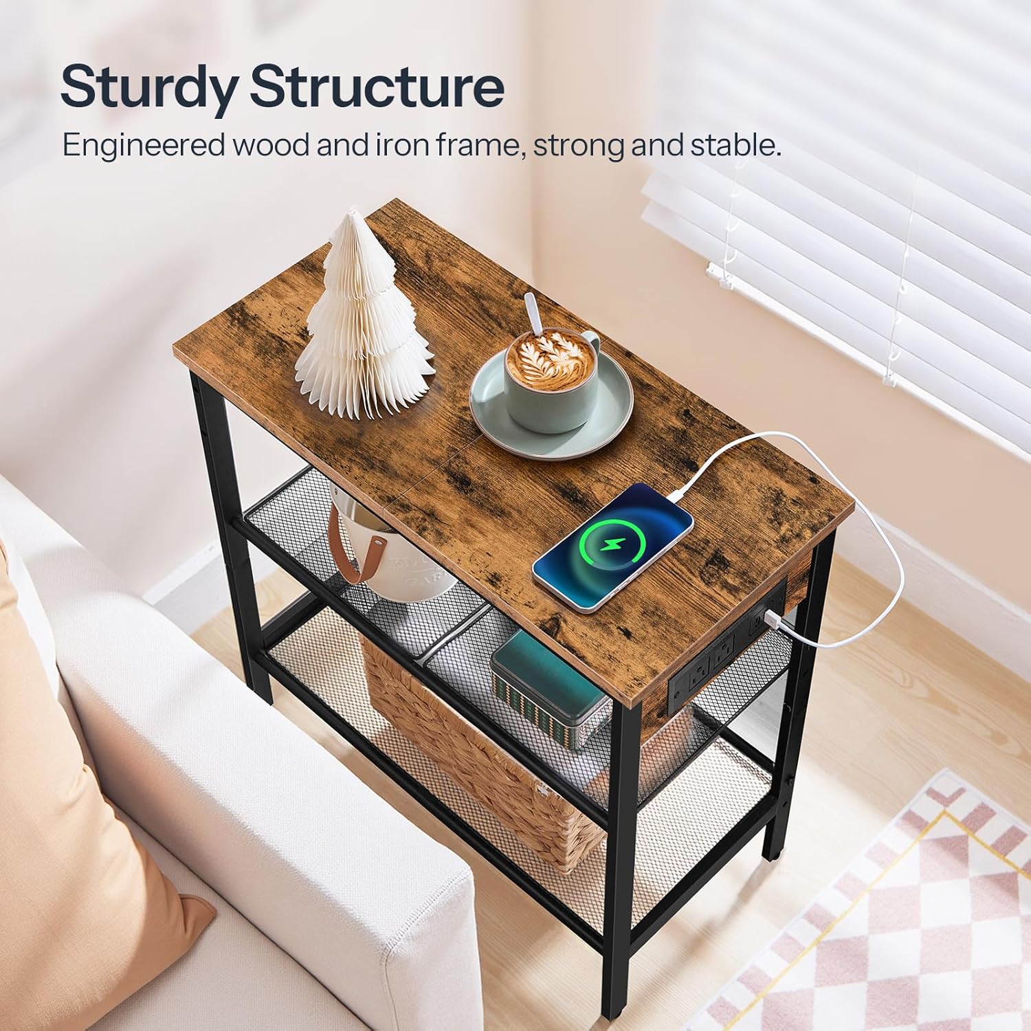HOOBRO End Table, 3-Tier Narrow Side Table with Charging Station, Nightstand with 2 Flat or Slant Adjustable Shelves for Small Spaces, Living Room, Bedroom, Rustic Brown and Black BF23UBZ01G1