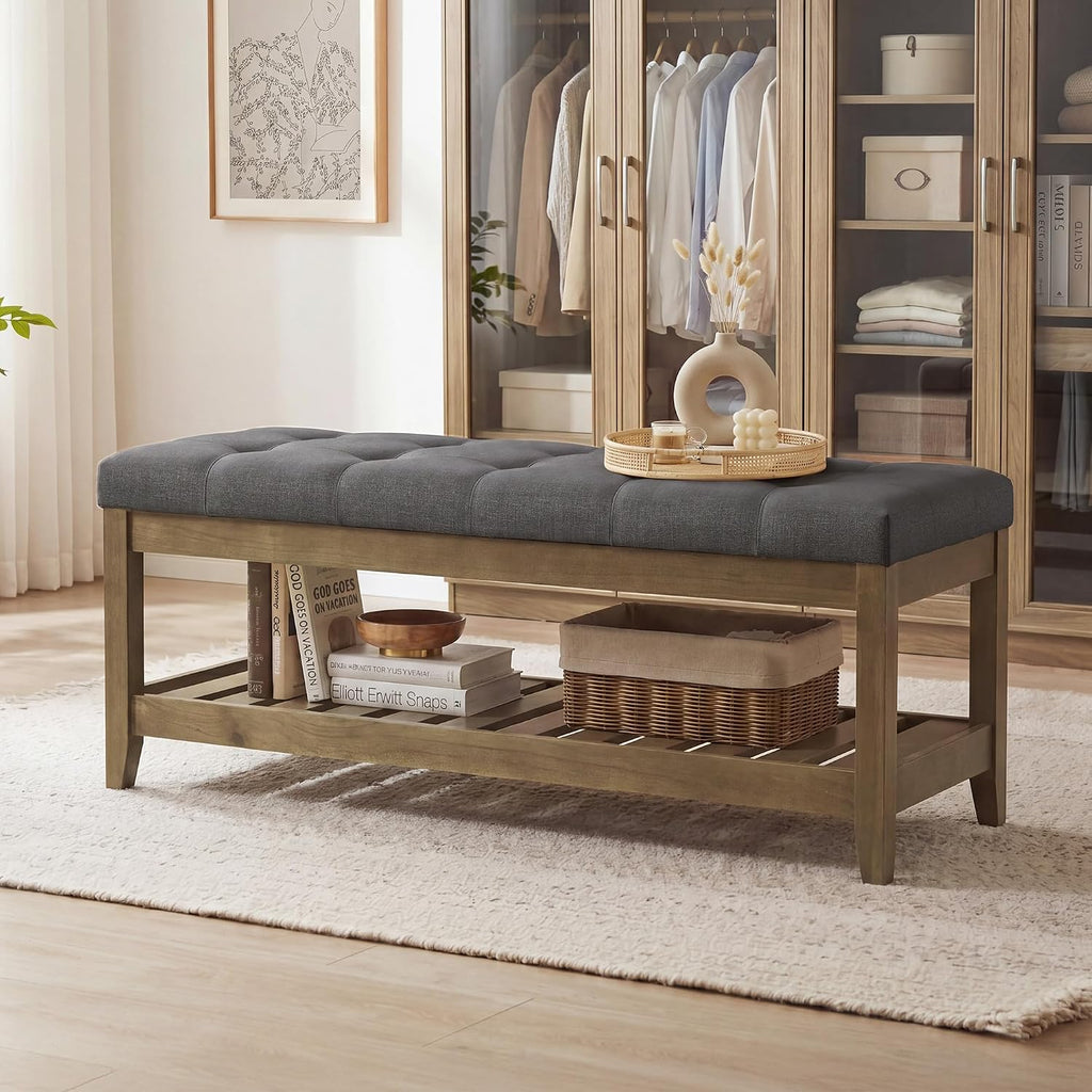 SONGMICS Storage Ottoman with Solid Wood Frame, 42.9 x 15.7 x 17.7 Inches | Rectangular Upholstered Bench, Footrest, Tufted Cushion, Easy Assembly, Slate Gray, MARY Collection ULSF009GN01
