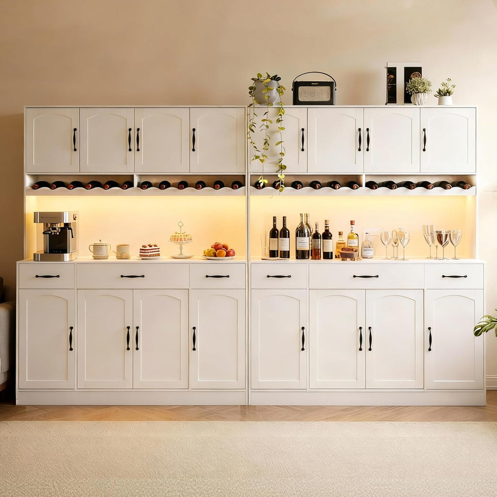 White 72" Tall Kitchen Pantry Cabinet with Charging Station 55" Wide Kitchen Hutch Cabinet with LED Light and Countertop Large Kitchen Cabinet with Adjustable Shelves and Wine Rack