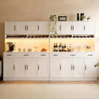 White 72" Tall Kitchen Pantry Cabinet with Charging Station 55" Wide Kitchen Hutch Cabinet with LED Light and Countertop Large Kitchen Cabinet with Adjustable Shelves and Wine Rack