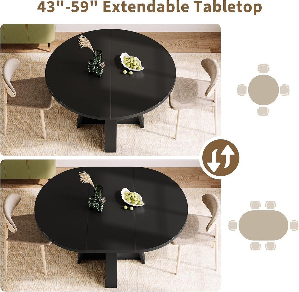 iPormis 43.3in-59in Extendable Round Dining Table for 4-6, Modern Wooden Kitchen Table for Dining Room, Adjustable Size Oval Circle Dinner Tables Furniture for Kitchen Living Room, Black