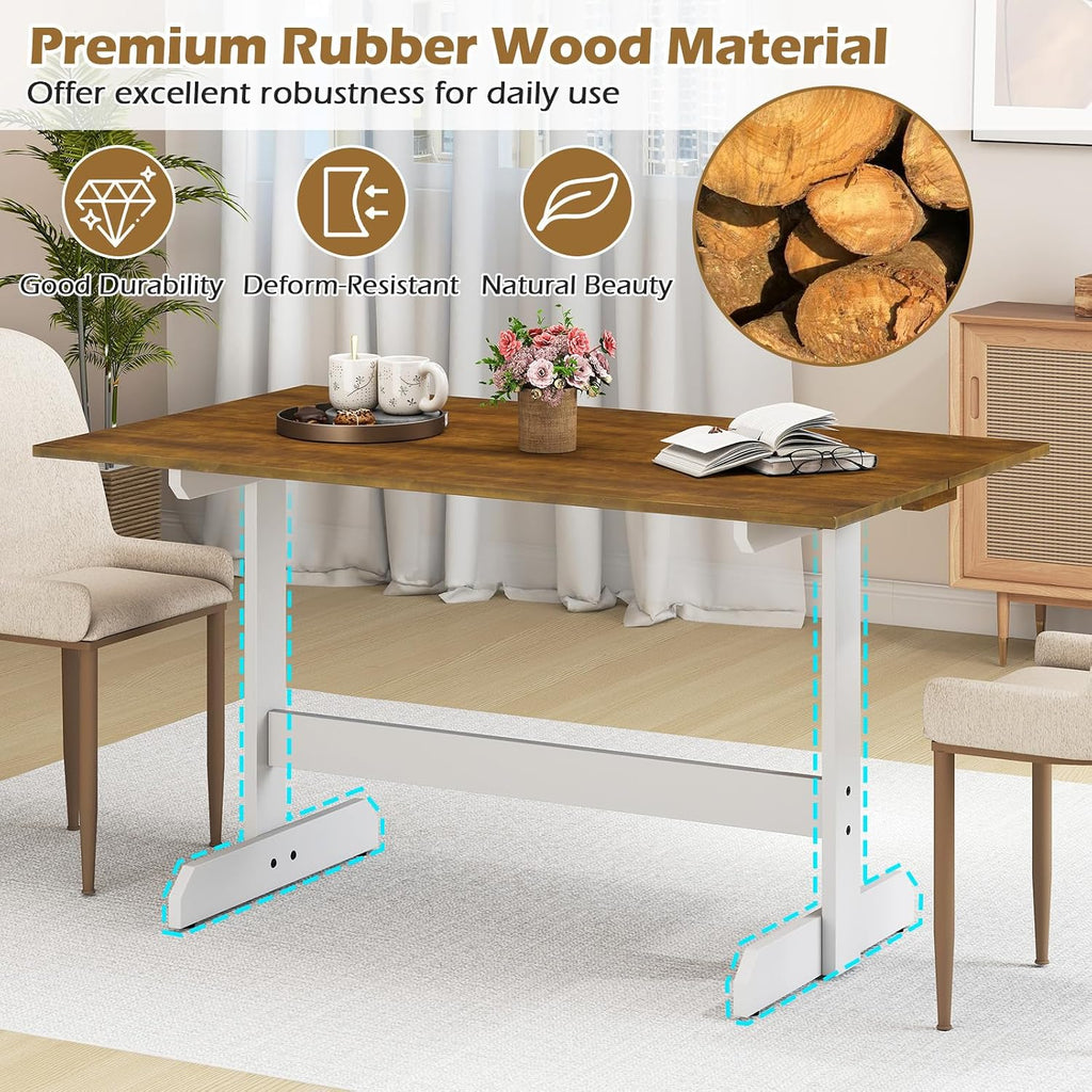 Giantex 55" Dining Table for 4-6, Farmhouse Kitchen Table with H-Shaped Rubber Wood Leg, Adjustable Foot Pads, Rectangular Wood Dinner Tables for Dining Room, Home Office, Living Room, Dinette