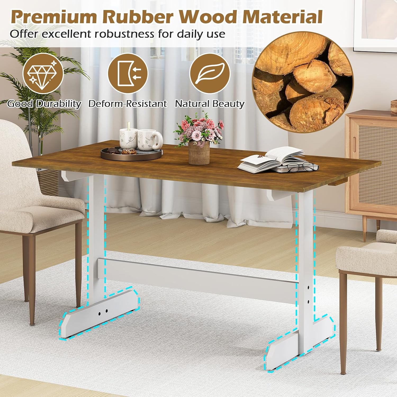 Giantex 55" Dining Table for 4-6, Farmhouse Kitchen Table with H-Shaped Rubber Wood Leg, Adjustable Foot Pads, Rectangular Wood Dinner Tables for Dining Room, Home Office, Living Room, Dinette