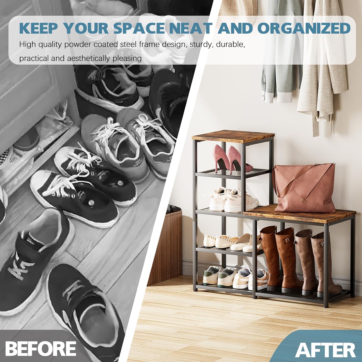 Shoe Rack Bench for Entryway,Free Standing Shoe Storage Organizer for Front Door Entrance,4-Tier Boot Rack Holder Shelf for Closet with Seat,Sturdy Shoe Shelves for High Heels(Brown)