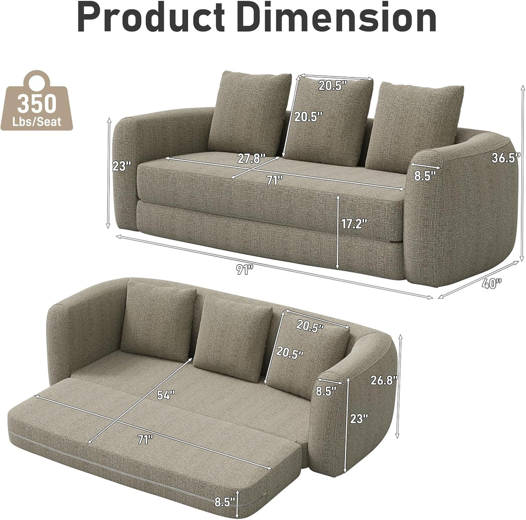 Curved Convertible Futon Sofa Bed,Modern Sleeper Couch,Curved Modern 3 Seater Cloud Couch