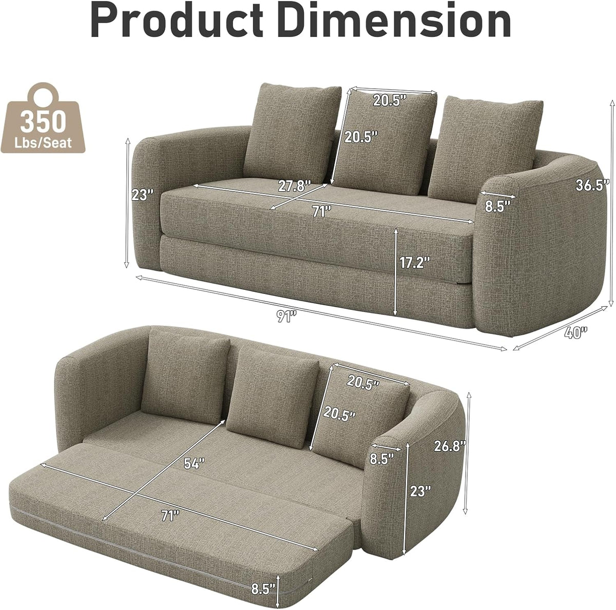 Curved Convertible Futon Sofa Bed,Modern Sleeper Couch,Curved Modern 3 Seater Cloud Couch