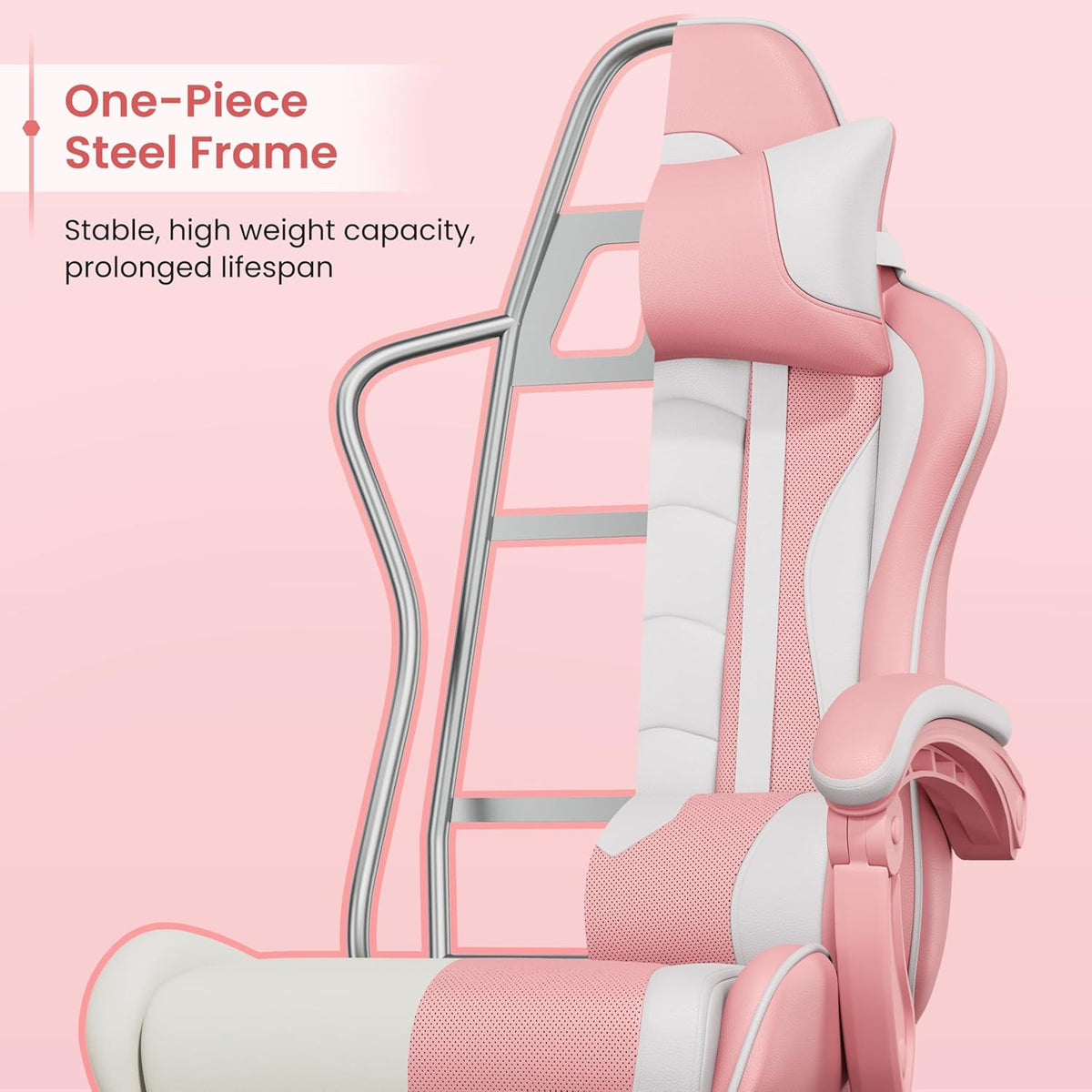 Yaheetech Gaming Chair with Footrest Massage Lumbar Pillow Pink and White | Foam-padded PU leather racing seat and plush headrest recline with a slide-out footrest; metal frame supports up to 300 lb.