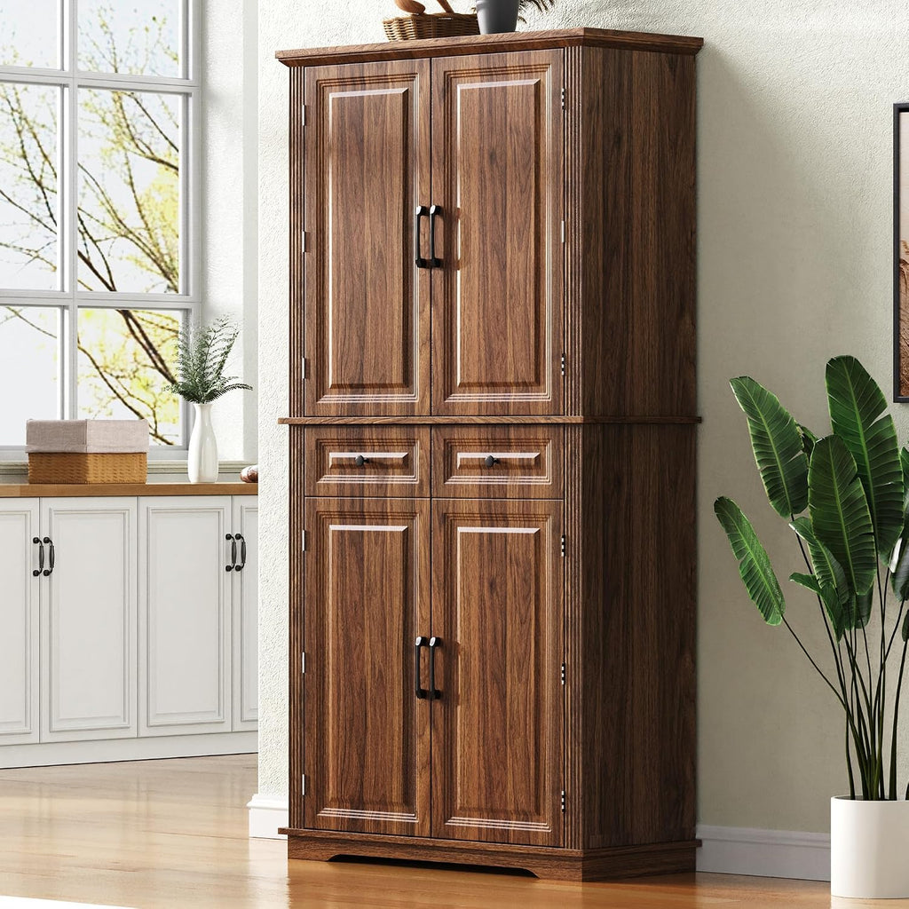 Polibi 71.2" Tall Kitchen Pantry Hutch with 3 Pull Out Cabinet Organizers,Farmhouse Embossed Texture Storage Cabinet with 6 Door Shelves,2 Drawers,Freestanding Cupboard for Kitchen, Dining Room,Brown