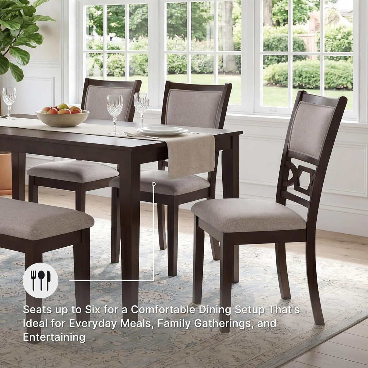 Signature Design by Ashley Langwest 6-Piece Dining Table Set with Bench | Seats up to 6, 60.38 in W dining table, Reverse diamond patterned veneer, Tapered legs, Light beige polyester fabric