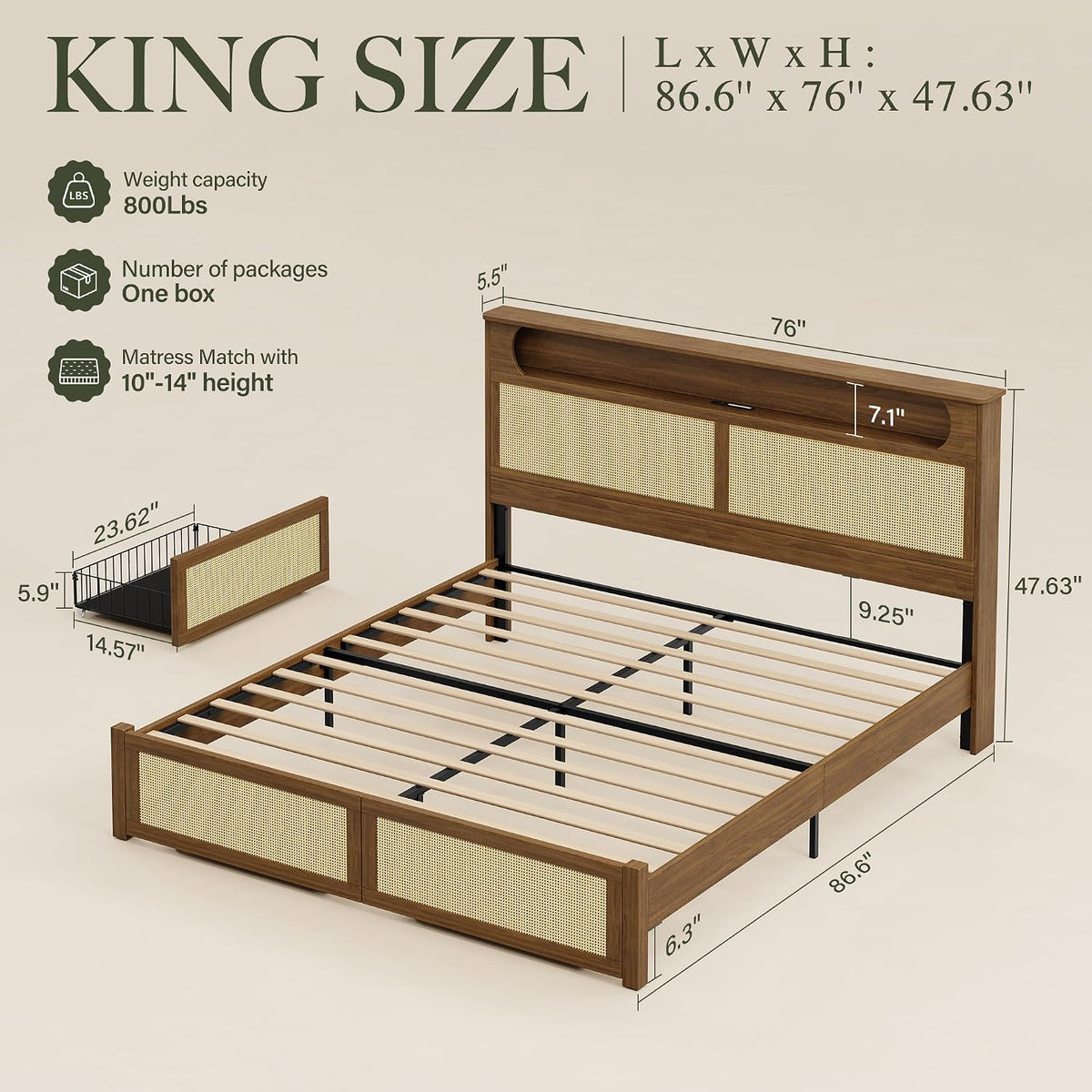Belffin King Size Rattan Bed Frame with 2 Storage Drawers, Wood Bed, Brown