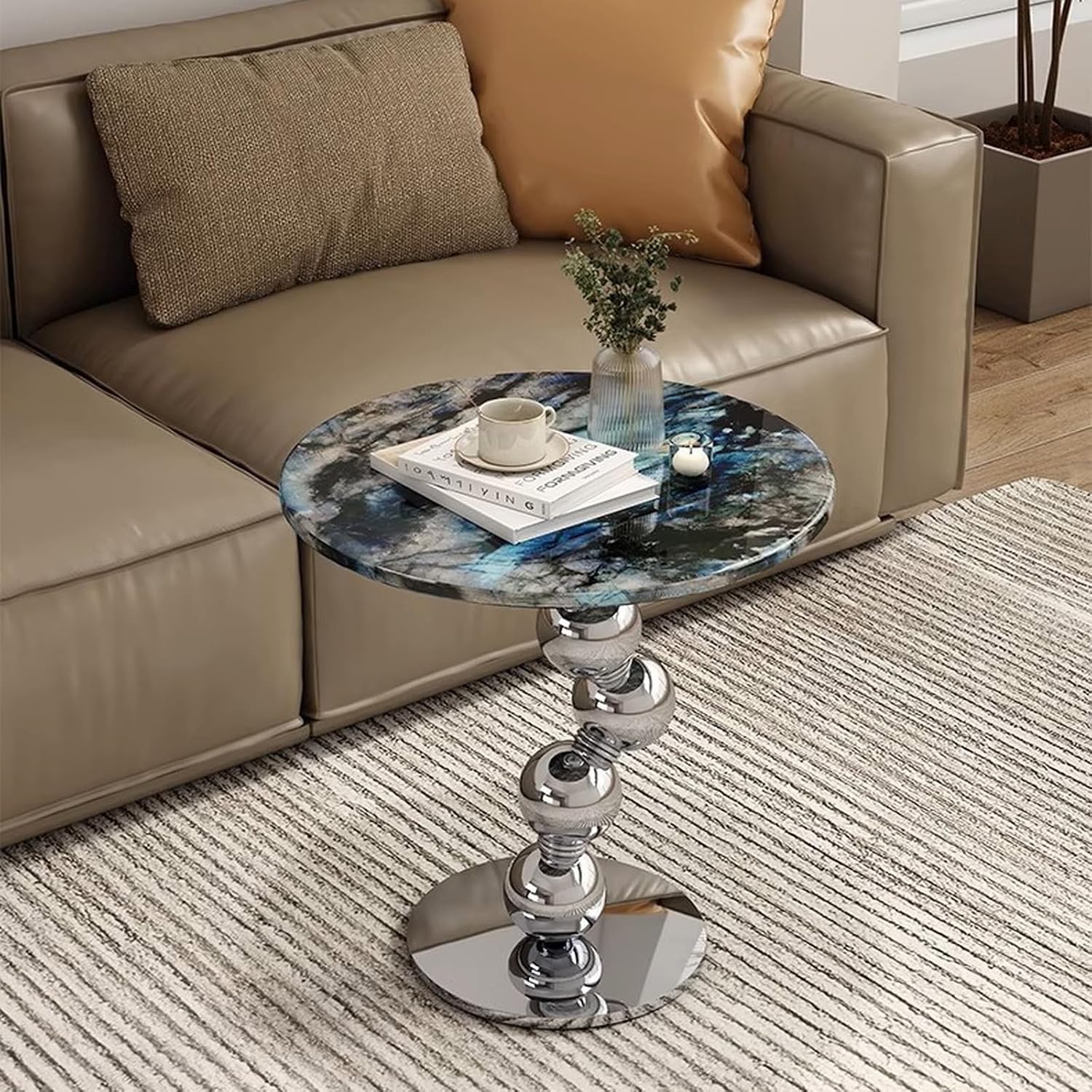 Stylish Round Side Table, Modern Faux Marble Coffee Table, Decorative Small End Table for Sofa, Living Room or Bedroom, Blue