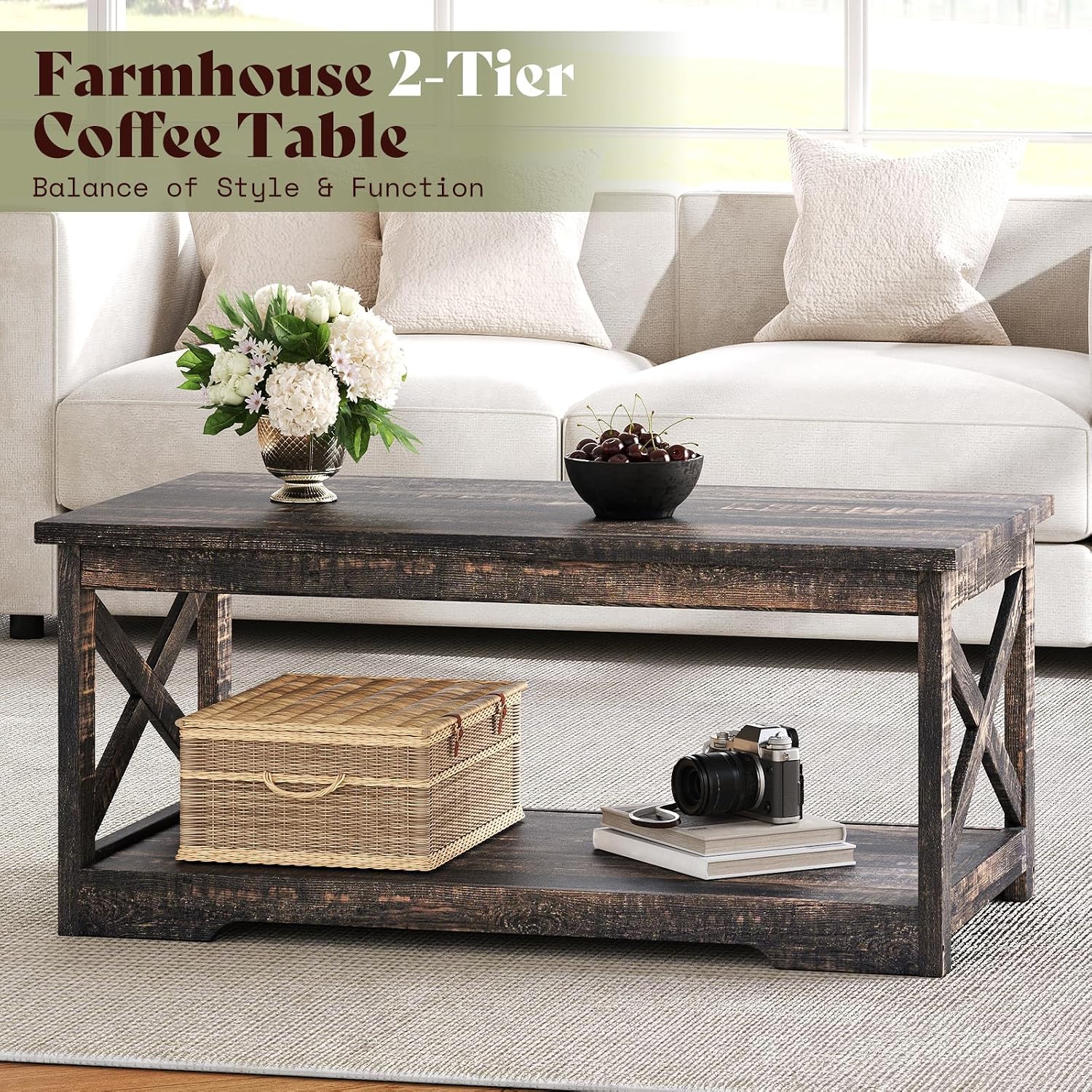 AMERLIFE Farmhouse 5 Piece Living Room Table Set, 63" TV Stand, Daark Oak
