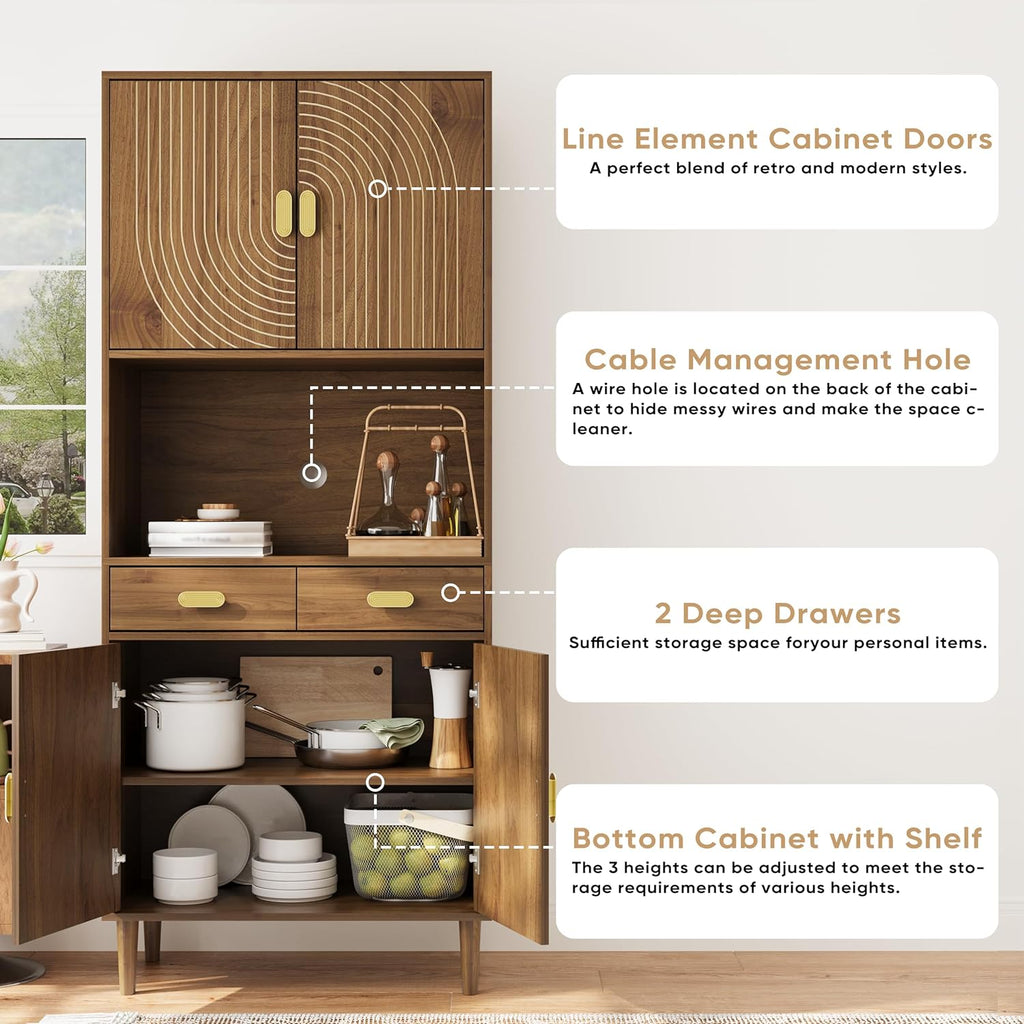Smuxee 70.87" Walnut Kitchen Pantry Cabinet, Tall Food Pantry Cabinet with Line Groove Design, Kitchen Hutch with Microwave Stand for Dining Room, Living Room, Bar