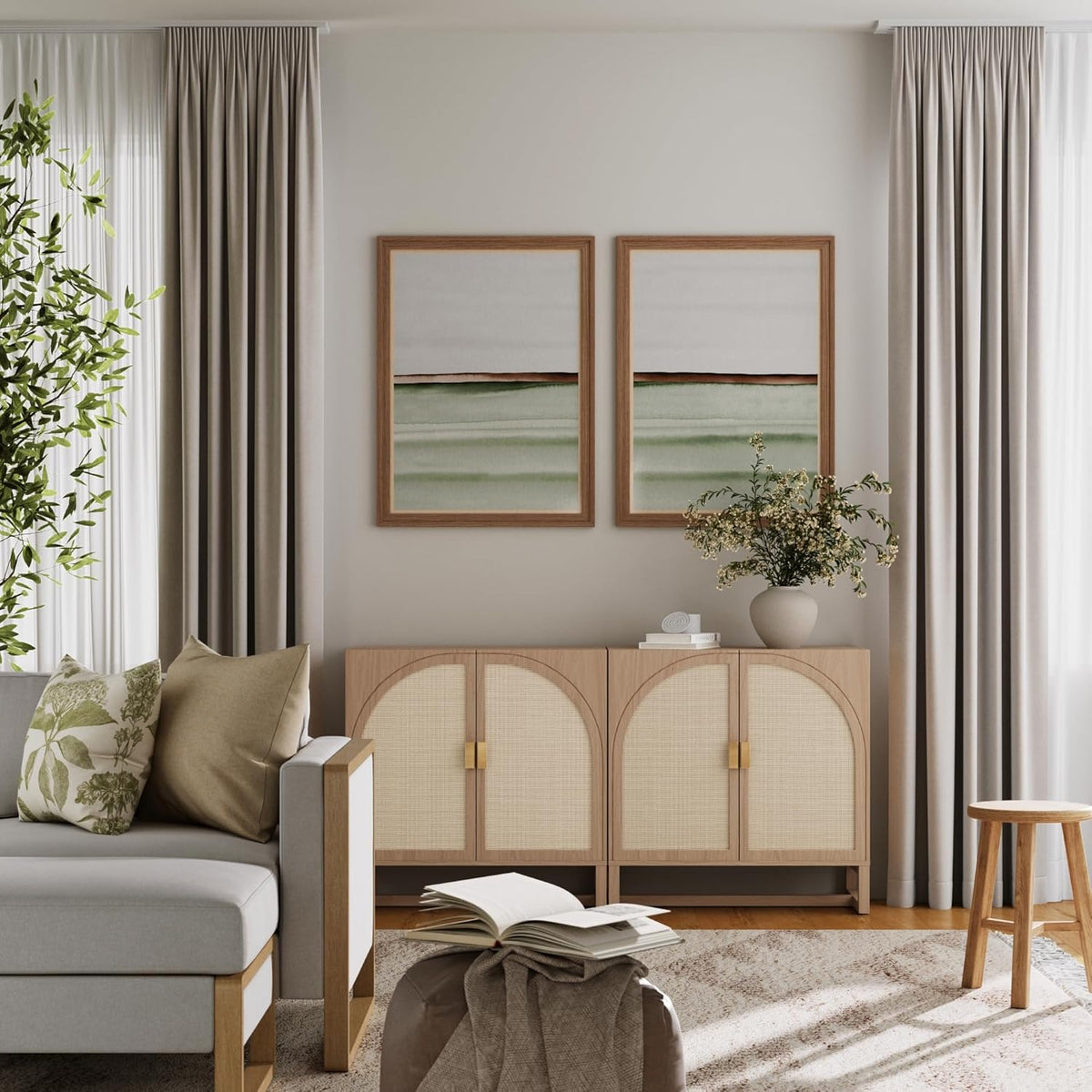 Nathan James Paxton Mid-Century Modern Wood Storage Cabinet with Doors, Arched Storage Cabinet for Living Room or Kitchen with Rattan Door Details, Raw Oak