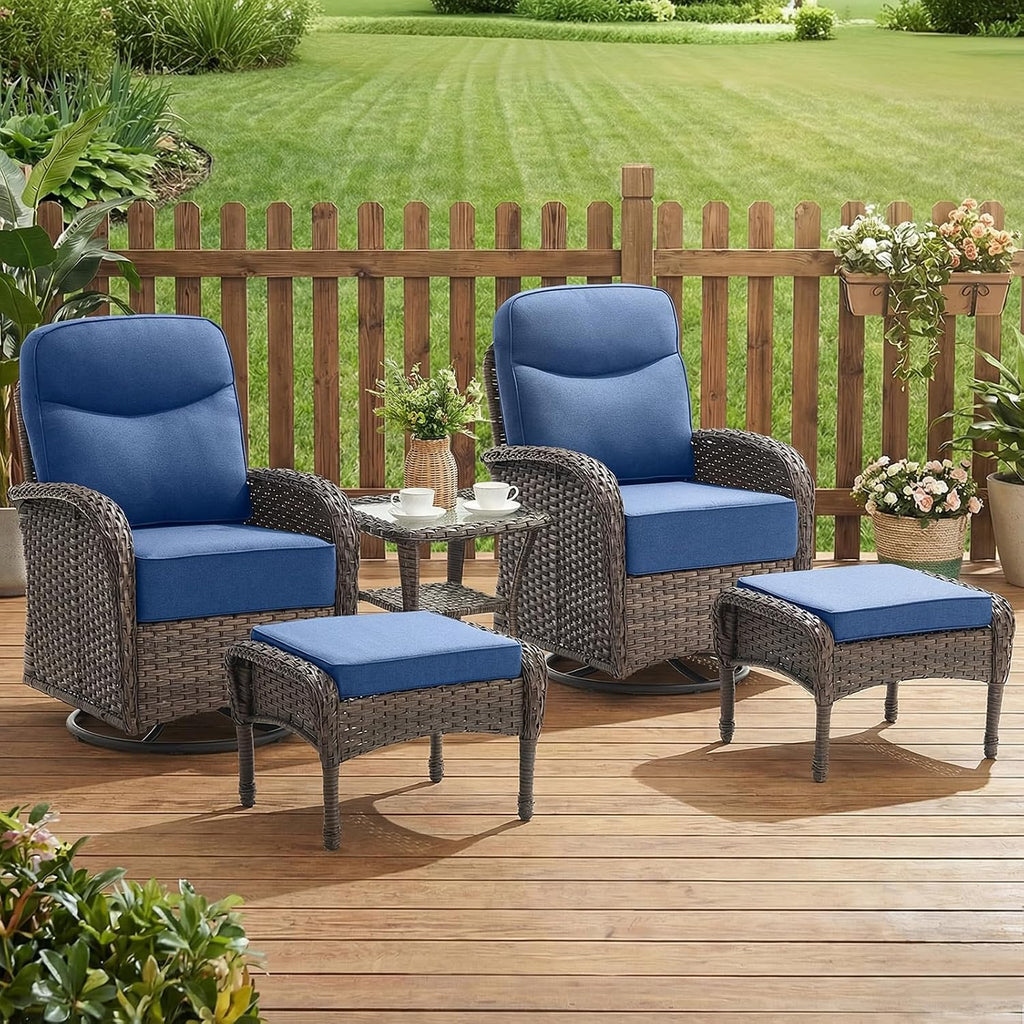 Outdoor Ottomans Patio Footrest Set of 2 - High Back Comfortable Brown Wicker Rattan Steel Frame Footstool Additional Bench Side Table for Porch Balcony Deck Garden Poolside - Navy Blue