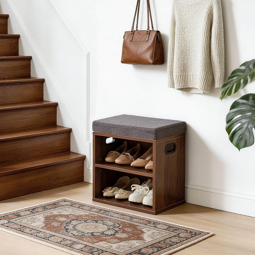 YMYNY Small Shoe Storage Bench with Cushion, 2 Tier Entryway Bench with Shoe Storage, Shoe Rack Bench for Entryway, Living Room, Hallway, Closet, Bedroom, 15.4L*11W*16.54H, Light Walnut HBD028LW