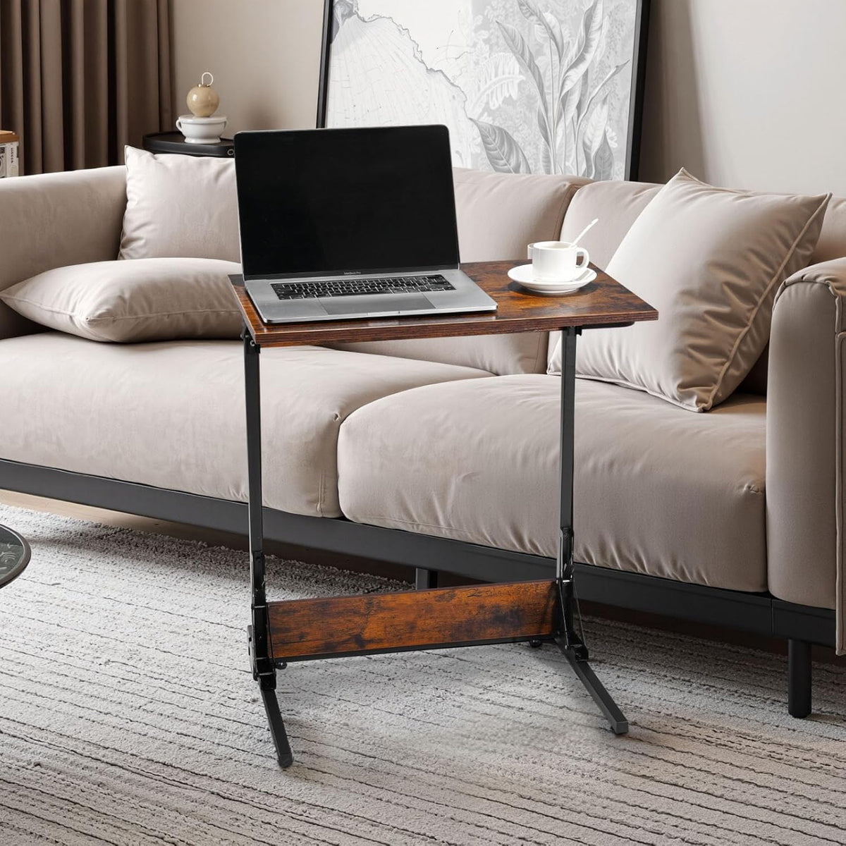 VEVOR C Table, Folding C Shaped End Table with Metal Frame & Adjustable Feet, Foldable C Shaped Side Table for Living Room Bedroom Office, 23.62 x 14.57 x 27.56 inch TV Tray, Brown and Black