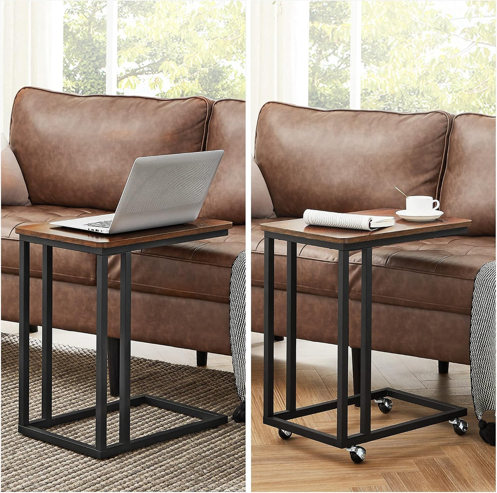 VASAGLE C Shape End Table for Couch or Sofa, Industrial Small Side Table | TV Tray With Wheel, Coffee Table in Living Room, Bedroom, 19.7 x 13.8 x 23.6 Inches, Dark Walnut and Black ULNT50Z