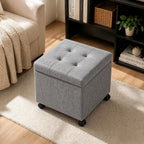 Homebeez 18" Square Storage Ottoman with Wheels, Tufted Linen Cube | Rolling Ottoman with Storage, Coffee Table Ottoman for Couch, Modern Footrest for Living Room Bedroom, Grey