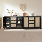 SICOTAS Rattan Large Sideboard Buffet Cabinet with Storage - Farmhouse Boho Coffee Bar Storage Cabinet with 3 Drawers and 2 Doors, Tall Credenza for Living Room, Kitchen, Hallway, Black Oak (2 Pieces)