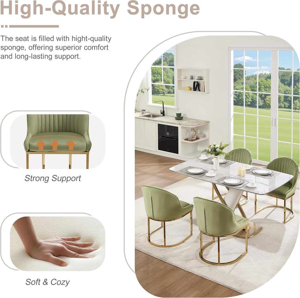 Velvet Dining Chairs Set of 2, Upholstered Dining Room Chairs with Silver Metal Legs, Modern Kitchen Side Chairs Reading Chair (Light Green+Golden, Set of 2)