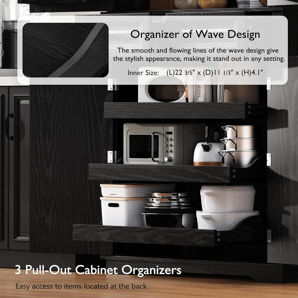 Tall Kitchen Pantry with 3 Pull Out Storage Organizers,Farmhouse Embossed Texture Storage Pantry with 6 Door Shelves,Freestanding Cupboard for Kitchen,Dining Room (Black-PC)
