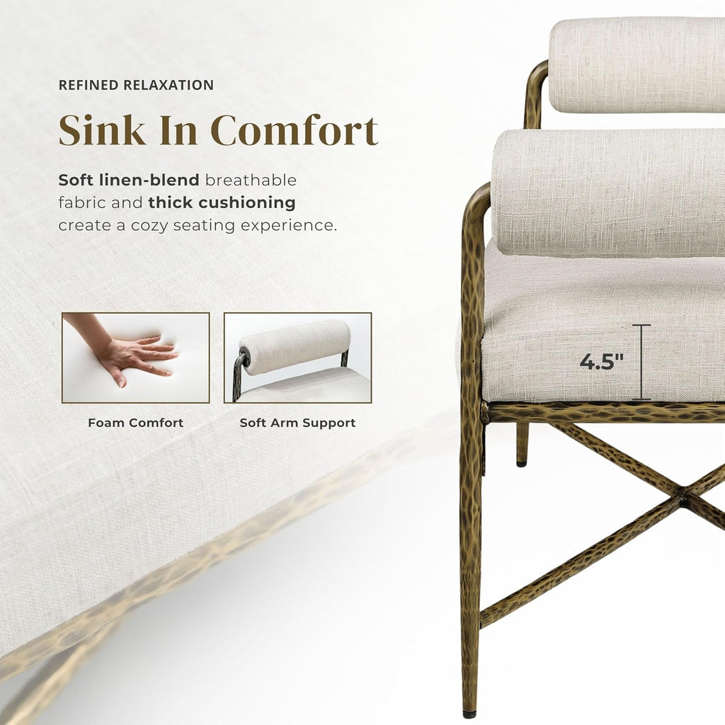 24/7 Shop at Home Lalia Upholstered 48-inch Metal Bench with Padded Roll Arms, Beige Fabric Seat, Hammered Forged Steel Frame, Modern Bedroom or Entryway, Matte Gold