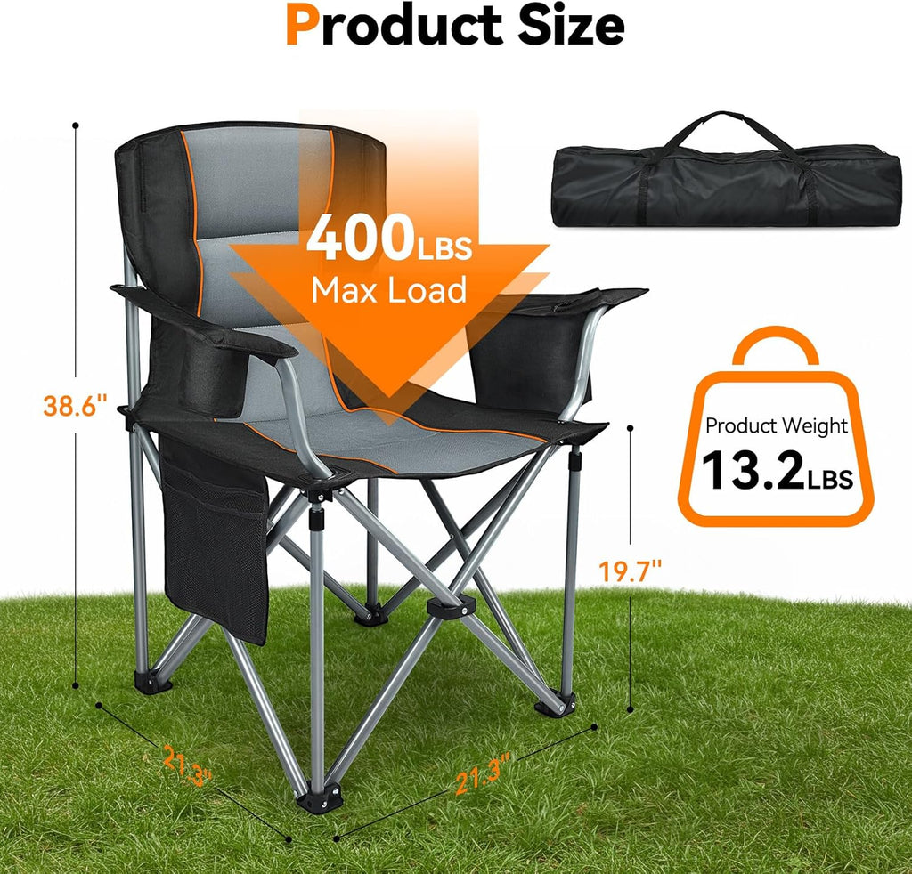 Camping Chairs, 2 Pack Oversized Heavy Duty Fully Padded Folding Chairs | with Cup Holder, Cooler Bag and Side Pocket, Support 400 LBS, Carry Bag Included, Versatile for Sports,Outdoors & Lawns