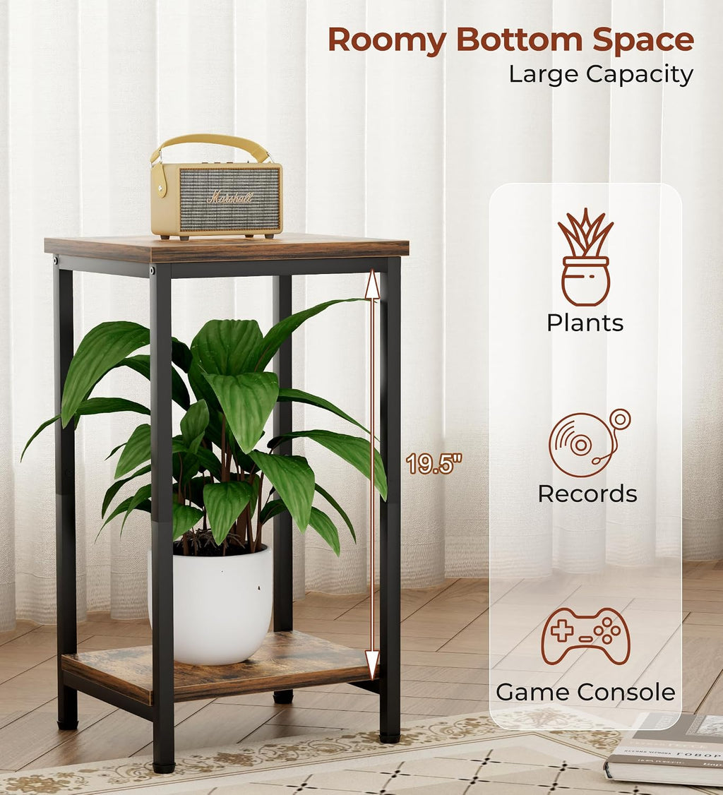 KEETDY Small Side Table for Small Space End Tables for Living Room, 2-Tier Storage Shelf Night Stand, Sofa Bedroom Bedside Table Nightstand Storage, Rustic Brown