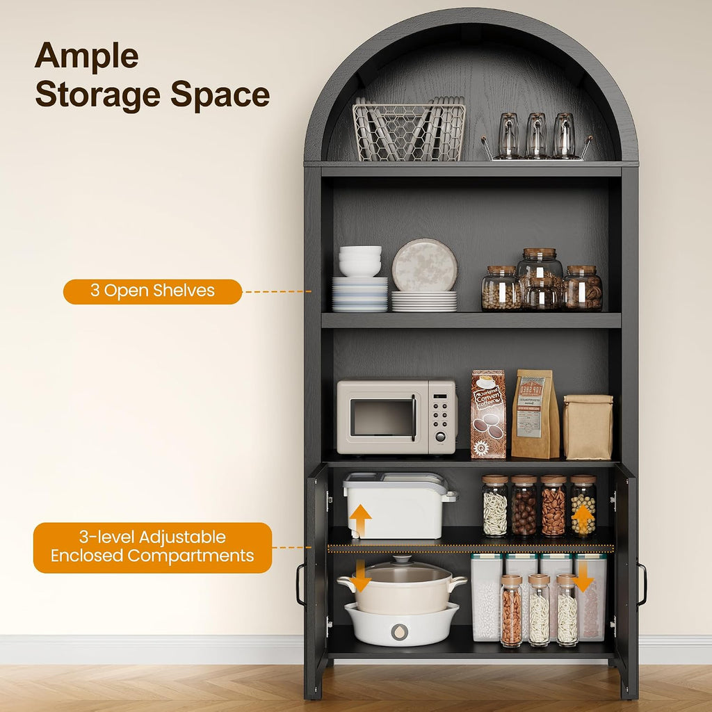 RoyalCraft Tall Arched Storage Cabinet with Rattan Door, 5-Tier Arched Kitchen Pantry with Adjustable Shelves, Black Bookshelf Bookcase Curio Display Cabinet Cupboard for Kitchen, Living Room