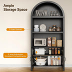 RoyalCraft Tall Arched Storage Cabinet with Rattan Door, 5-Tier Arched Kitchen Pantry with Adjustable Shelves, Black Bookshelf Bookcase Curio Display Cabinet Cupboard for Kitchen, Living Room