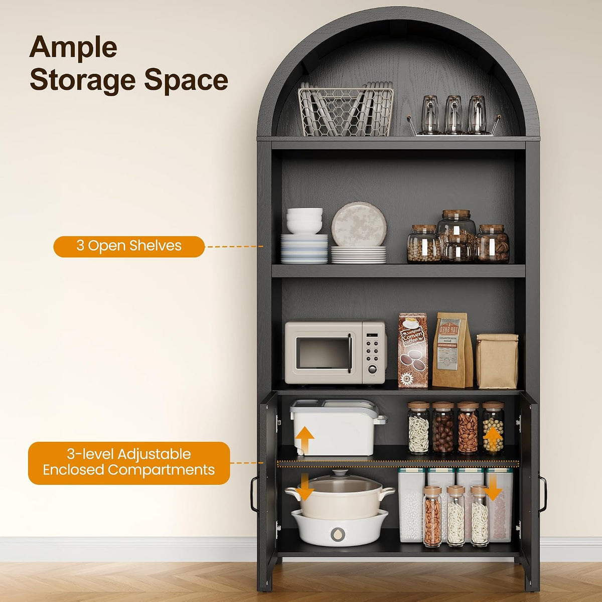 RoyalCraft Tall Arched Storage Cabinet with Rattan Door, 5-Tier Arched Kitchen Pantry with Adjustable Shelves, Black Bookshelf Bookcase Curio Display Cabinet Cupboard for Kitchen, Living Room