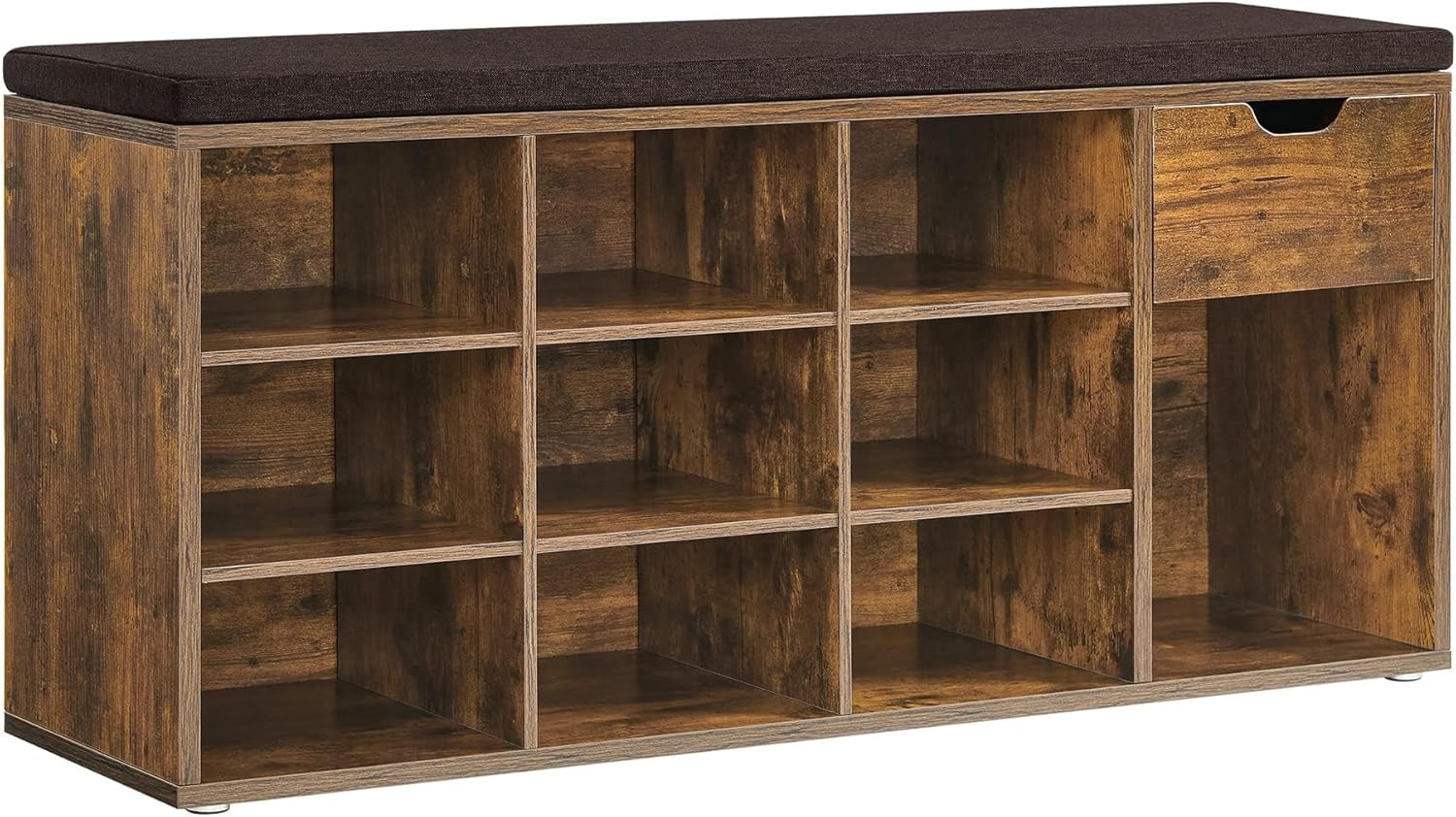 VASAGLE CUSTOS Collection - Storage Bench, Entryway Bench with Cushion, Drawer and Open Compartments, Bench with Storage, Living Room, Bedroom, Closet, Rustic Brown and Chestnut Brown ULHS024T01