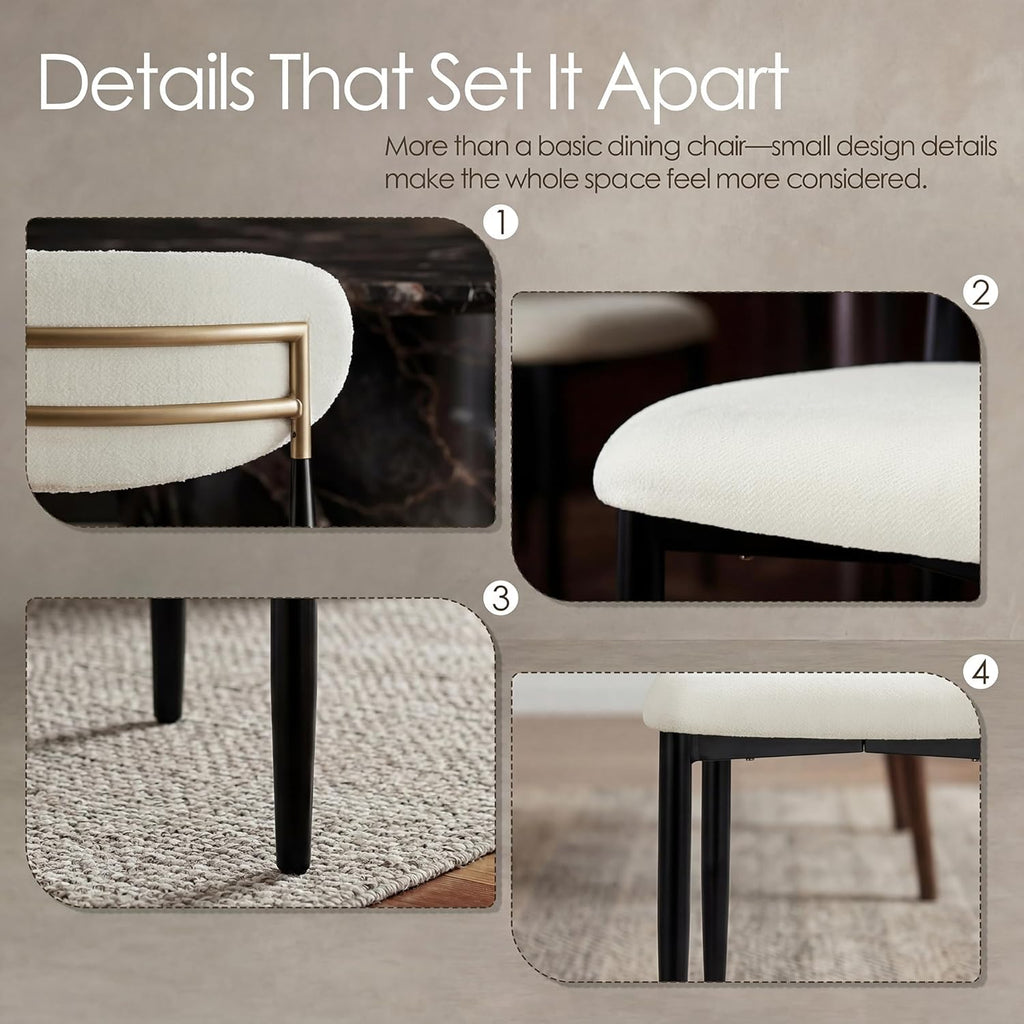 Morden Fort White Set of 2 Armless Upholstered Chenille Dining Chairs with Black Metal Legs and Gold Accent Back