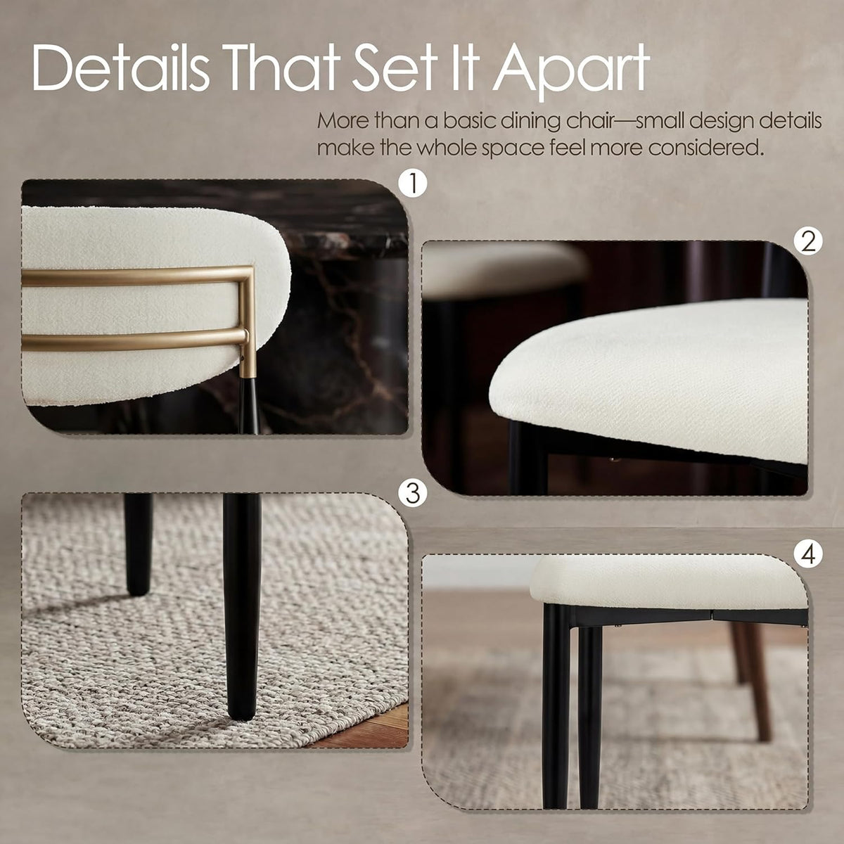 Morden Fort White Set of 2 Armless Upholstered Chenille Dining Chairs with Black Metal Legs and Gold Accent Back
