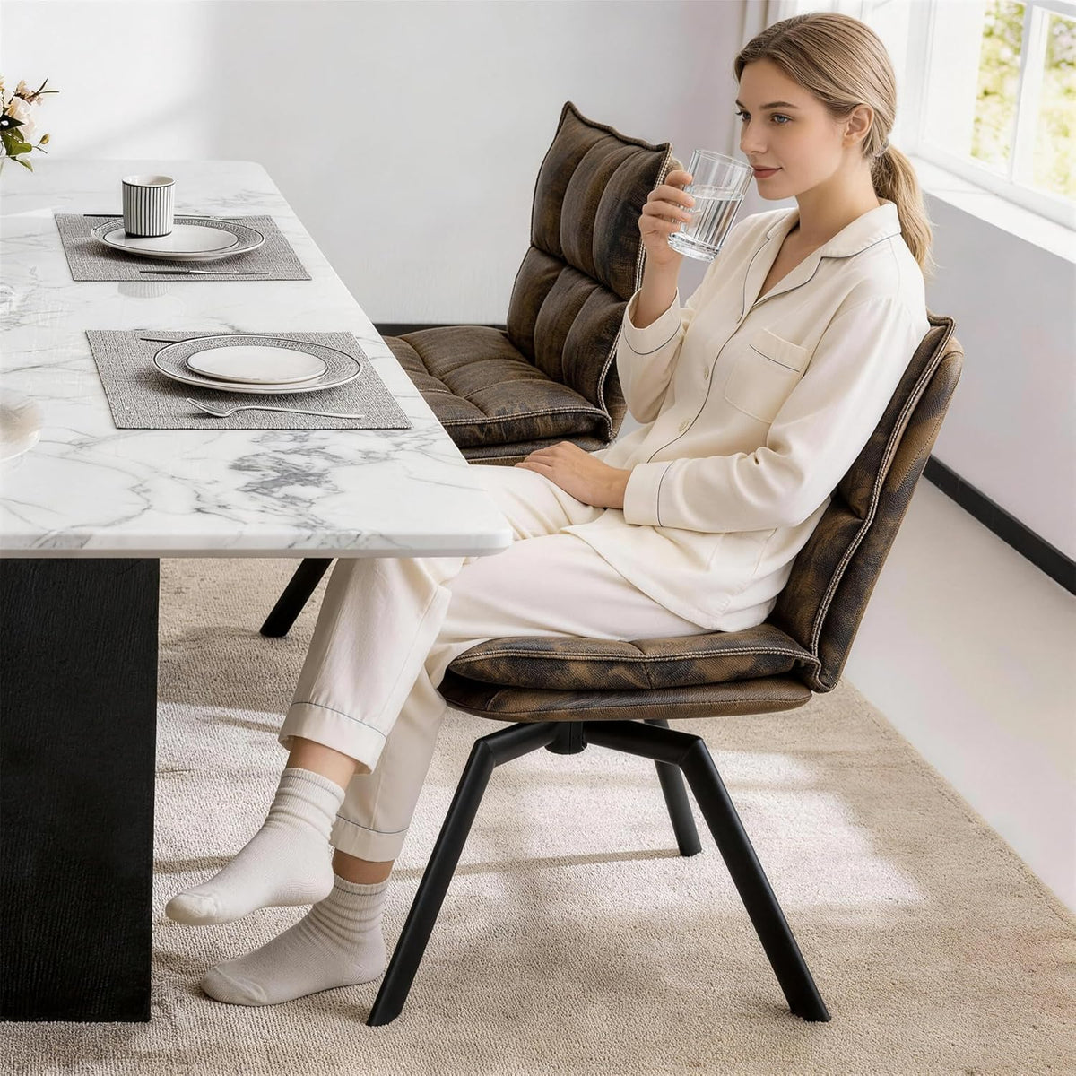 KEEZY Swivel Dining Chairs Set of 2, Mid-Century Modern Chairs with PU Leather, High Back with High-Density Stuffed PP Cotton & Automatic Swivel Metal Legs, Suitable for Kitchen & Living Room（Brown）