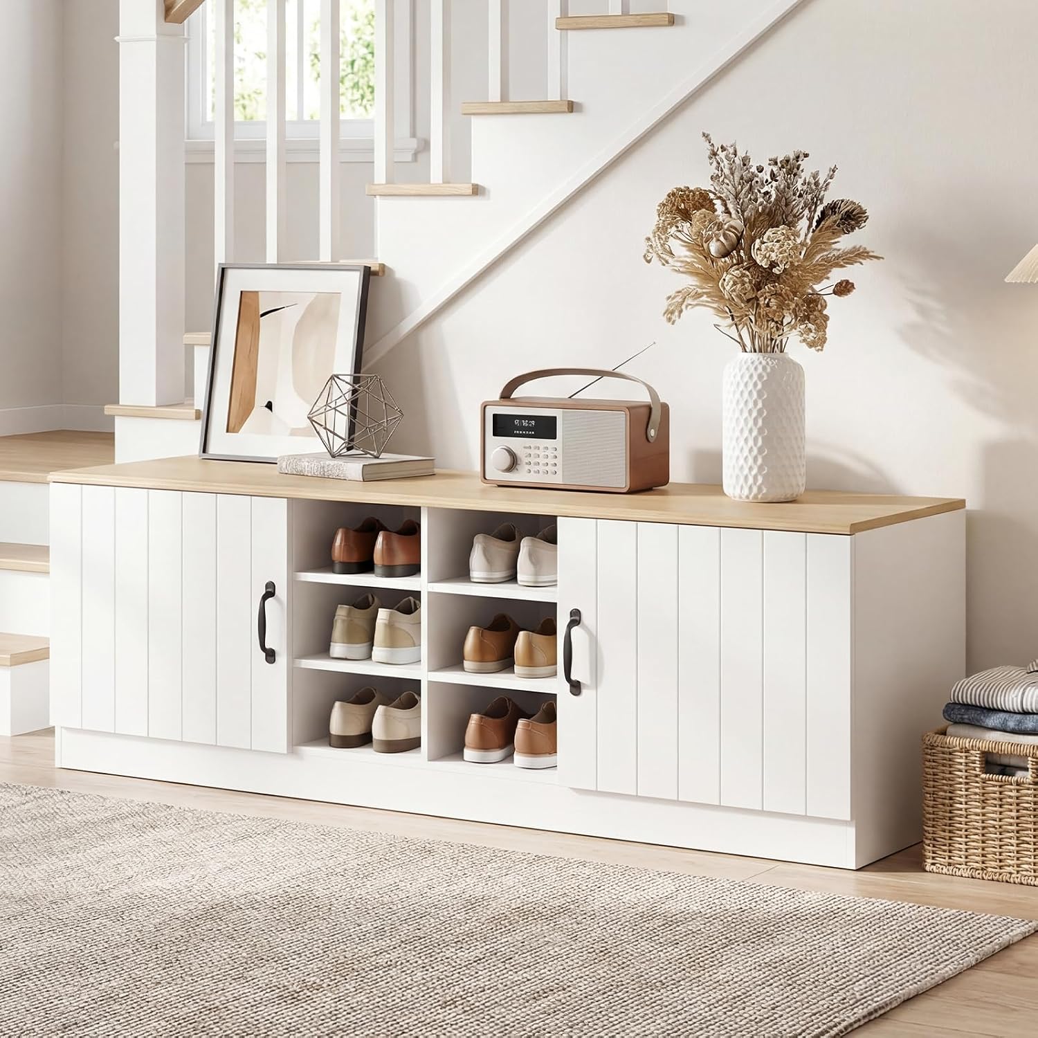 Giantex 2-Door Shoe Storage Bench, Wooden Entryway Bench with Storage, Adjustable Shelves & 6 Compartments, Modern Shoe Cabinet for Entry Way, Hallway, Foyer, Living Room, 300 lbs Max Load (Natural)