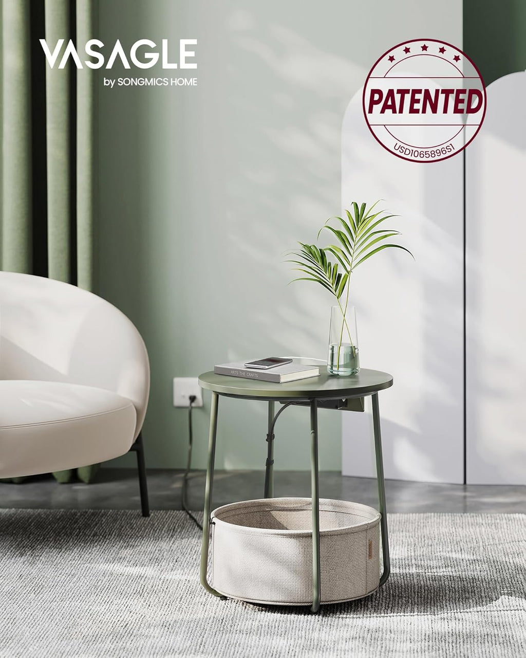 VASAGLE LILEA Collection - Side Table with Charging Station, Round End Table with Fabric Basket, Nightstand with USB Ports, for Living Room, Bedroom, Modern, Forest Green and Cream White ULET228C04