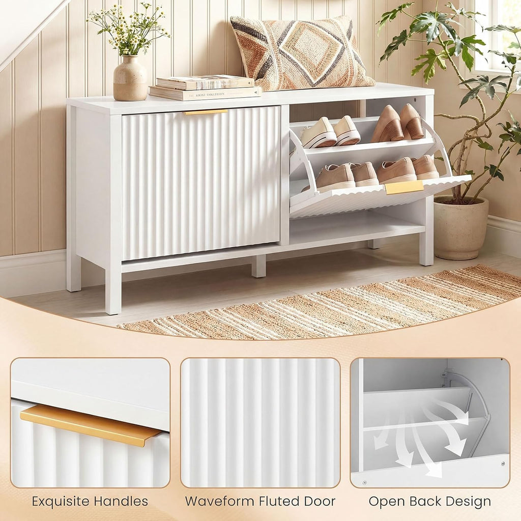 Giantex Shoe Storage Bench with 2 Flip Drawers, Wooden Entryway Bench with Storage, Fluted Doors, Adjustable Shelves, Hidden Shoe Cabinet for Entry Way, Hallway, Foyer, Living Room (White+Gold)