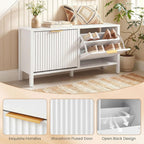 Giantex Shoe Storage Bench with 2 Flip Drawers, Wooden Entryway Bench with Storage, Fluted Doors, Adjustable Shelves, Hidden Shoe Cabinet for Entry Way, Hallway, Foyer, Living Room (White+Gold)