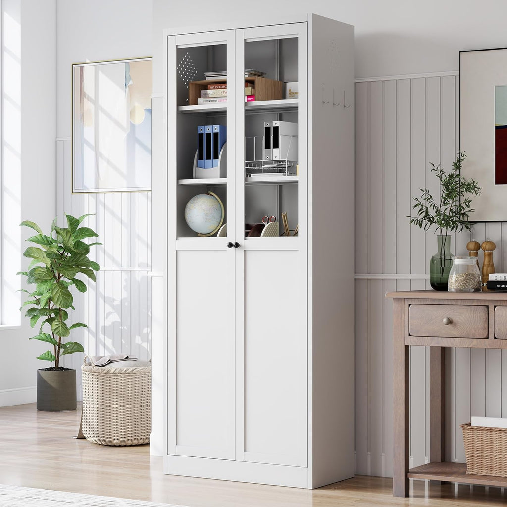 Kitchen Pantry Cabinet, 72" H Storage Cabinet with Glass Doors and Adjustable Shelves, Metal Bathroom Cabinets, Utility Cabinets for Kitchen, Living Room Assembly Required, White