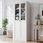 Kitchen Pantry Cabinet, 72" H Storage Cabinet with Glass Doors and Adjustable Shelves, Metal Bathroom Cabinets, Utility Cabinets for Kitchen, Living Room Assembly Required, White