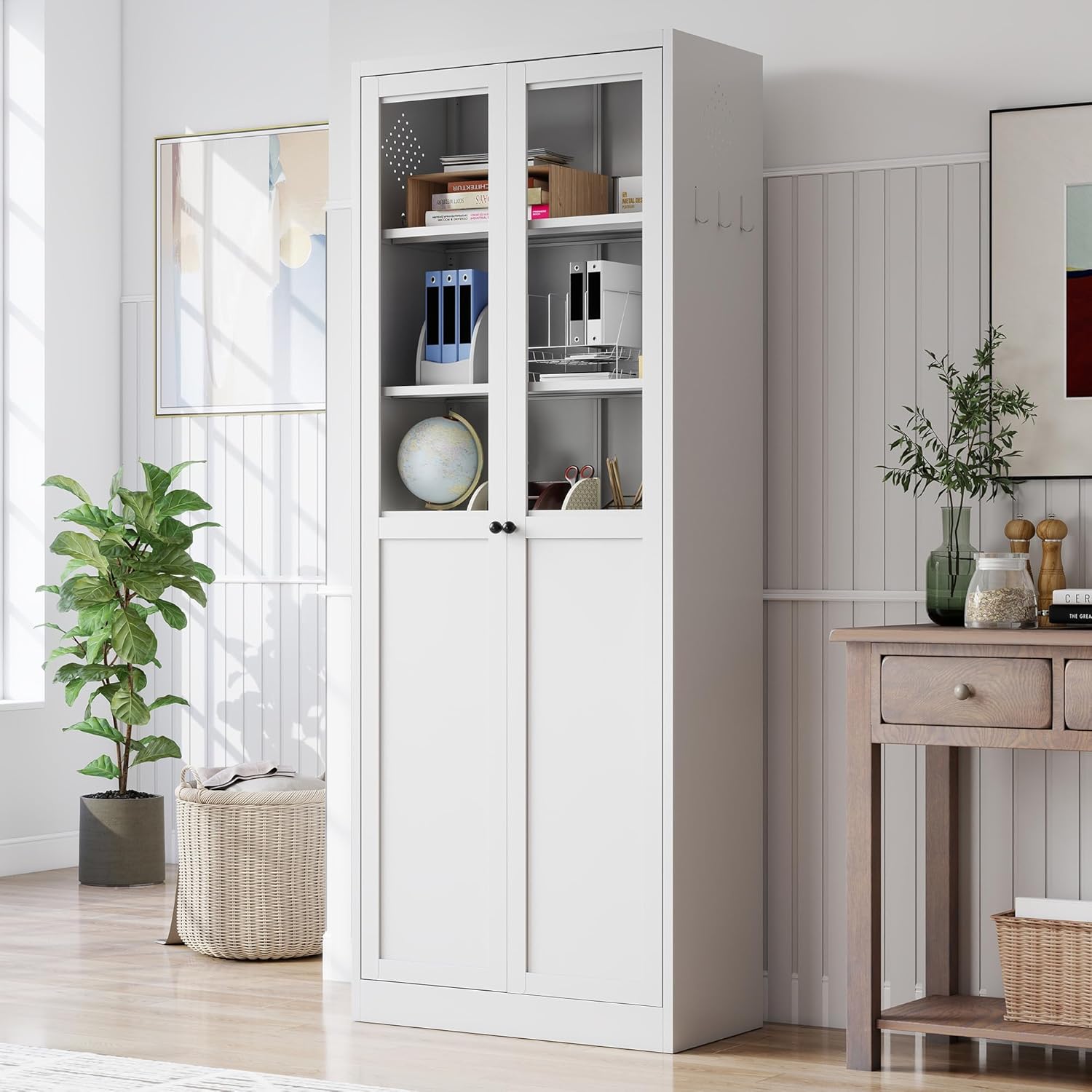 Kitchen Pantry Cabinet, 72" H Storage Cabinet with Glass Doors and Adjustable Shelves, Metal Bathroom Cabinets, Utility Cabinets for Kitchen, Living Room Assembly Required, White