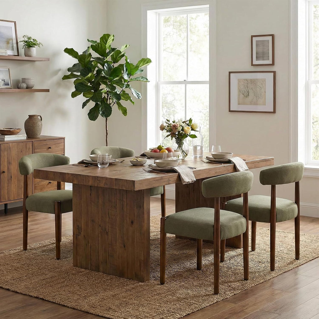 VKNOW Wooden Dining Chairs Set of 6 with Walnut Wood Legs and Curved Back | Mid Century Modern Upholstered Dining Room Chairs with Faux Mohair Fabric, Kitchen Chairs for Farmhouse, Dining Room, Green