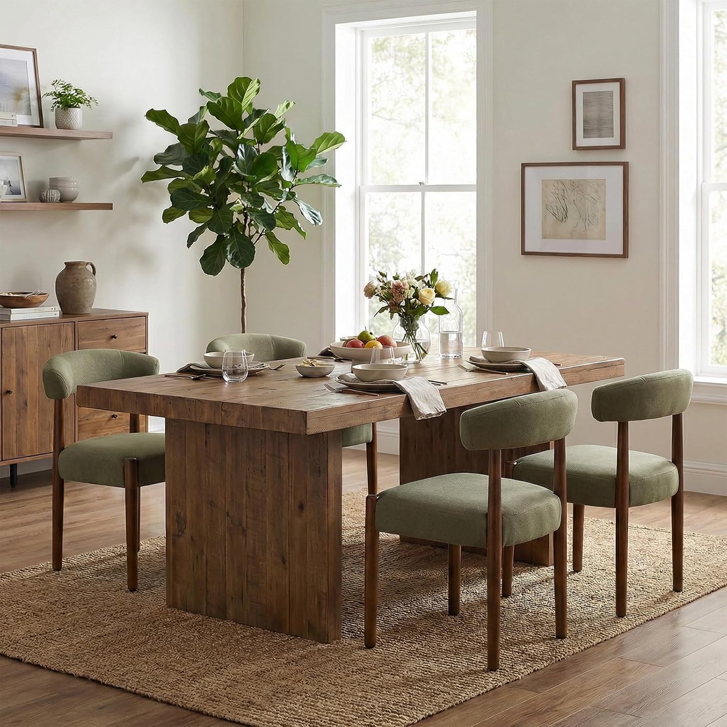 VKNOW Wooden Dining Chairs Set of 6 with Walnut Wood Legs and Curved Back | Mid Century Modern Upholstered Dining Room Chairs with Faux Mohair Fabric, Kitchen Chairs for Farmhouse, Dining Room, Green