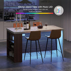 61" Kitchen Island Table with Storage, Counter Height Dining Table, Walnut | with Power Outlets, LED Lights, 3-Tier Side Storage, Faux Marble Top, Modern Stationary Kitchen Storage Islands for 4 Seats