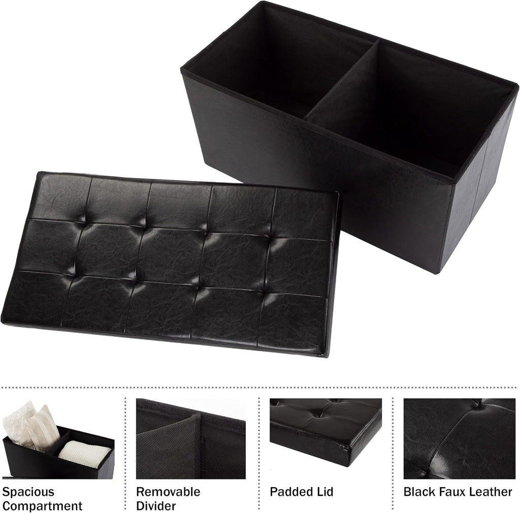 Lavish Home Storage Ottoman - 30-Inch Folding Faux Leather Footrest, Linen Chest, or Bench with Removable Bin for Living Room or Bedroom (Black)