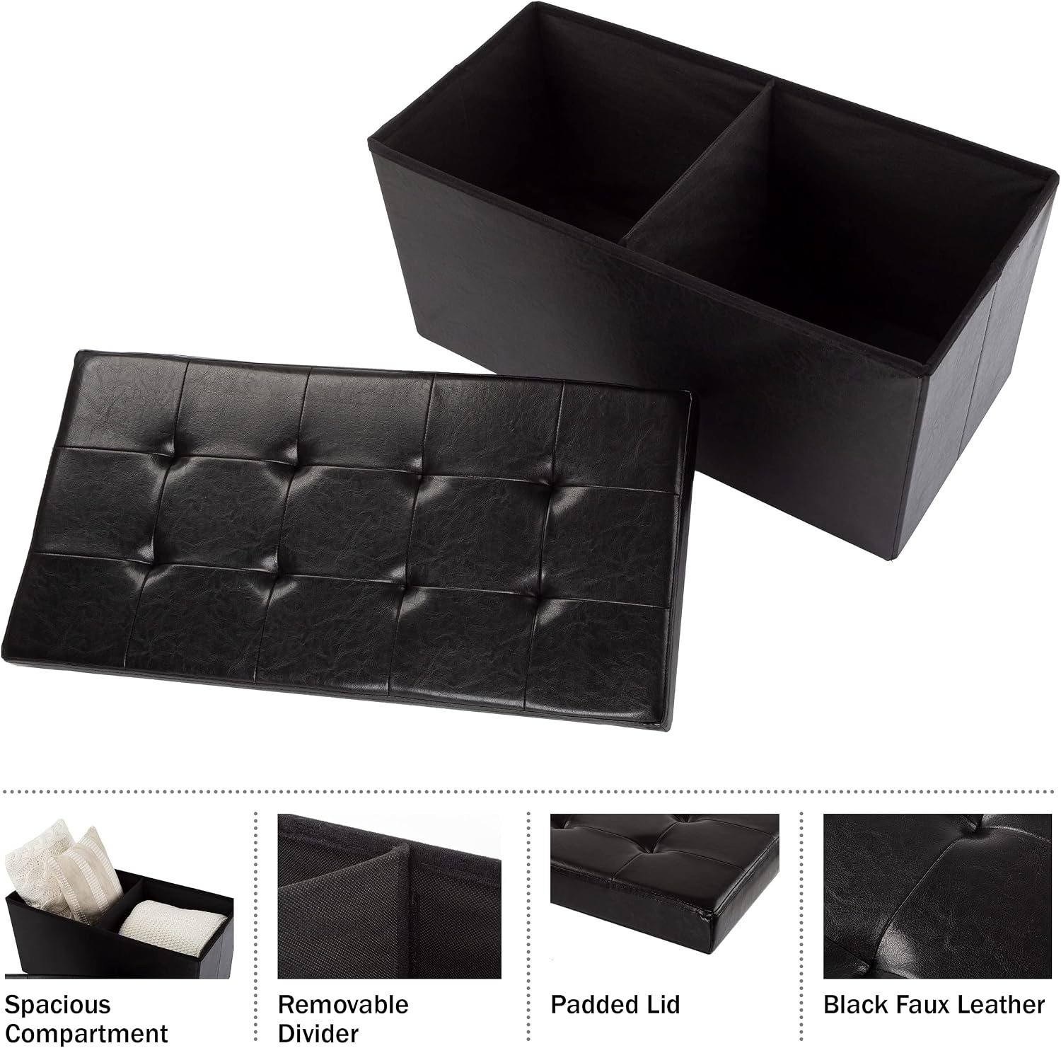 Lavish Home Storage Ottoman - 30-Inch Folding Faux Leather Footrest, Linen Chest, or Bench with Removable Bin for Living Room or Bedroom (Black)