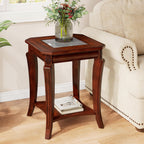 PADMA HOUSE Traditional Wood End Table with Glasstop and Curved Legs, Square Solid Wood Sofa Side Table with Storage Shelf, 2-Tier Glass Bedside Tables in Cherry for Living Room,19.7 * 19.7 * 23.8in