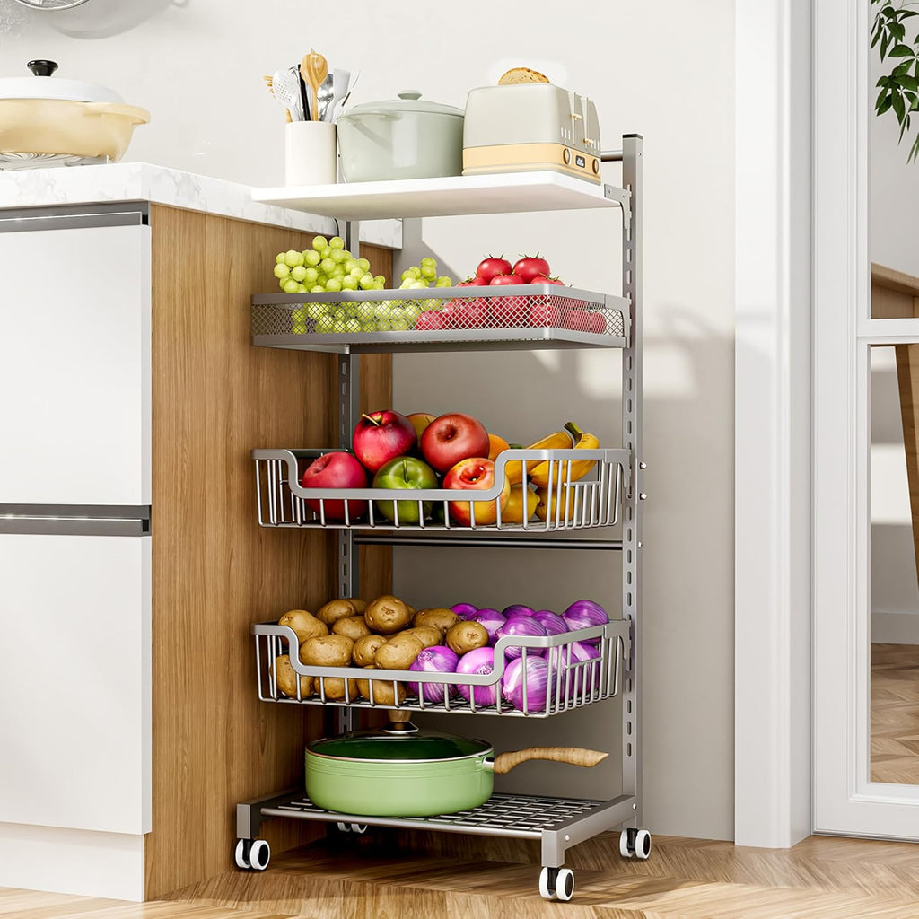 HapiRm Fruit Basket Kitchen Cart - 5 Tier Adjustable Vegetable Storage Rack, Large Capacity Rolling Kitchen Carts on Wheels for Snack Onion and Potato Storage